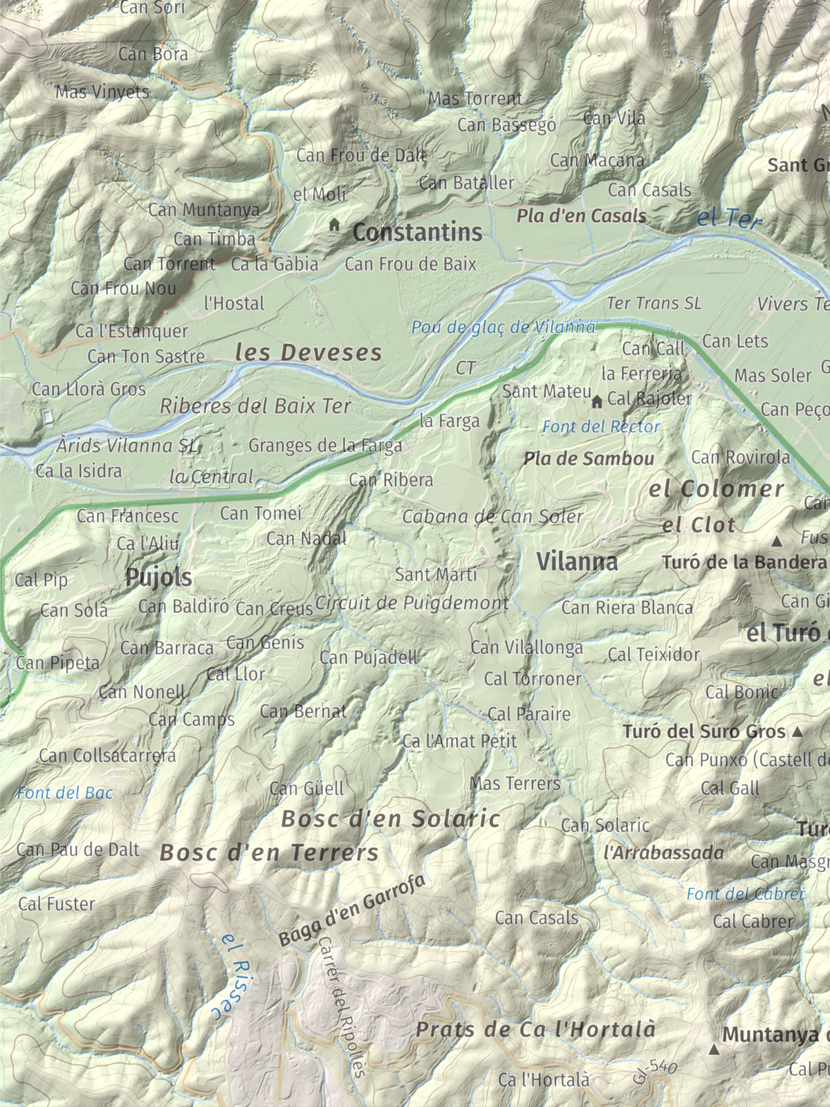 Mapa de relieve de Sant Grau, 500 m, Gironès, lámina 100 Cims de Trobart. Detalle de la zona inferior izquierda. 30 × 40 cm.