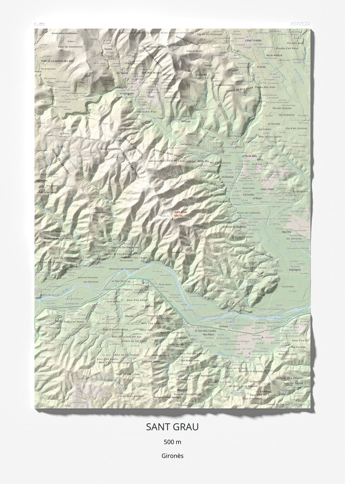 Mapa de relieve de Sant Grau, 500 m, Gironès, lámina 100 Cims de Trobart 50 × 70 cm.
