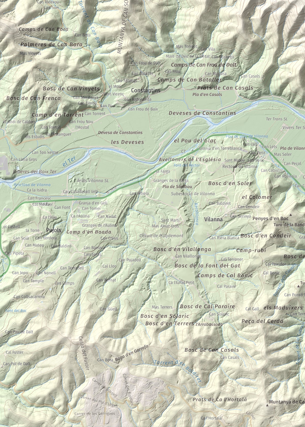 Mapa de relieve de Sant Grau, 500 m, Gironès, lámina 100 Cims de Trobart. Detalle de la zona inferior izquierda. 50 × 70 cm.