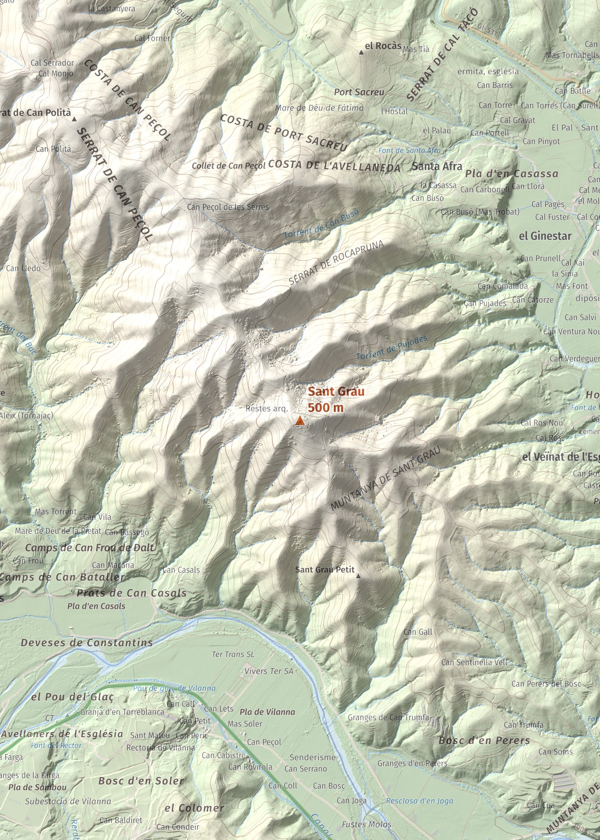 Mapa de relieve de Sant Grau, 500 m, Gironès, lámina 100 Cims de Trobart. Detalle de la zona central. 50 × 70 cm.