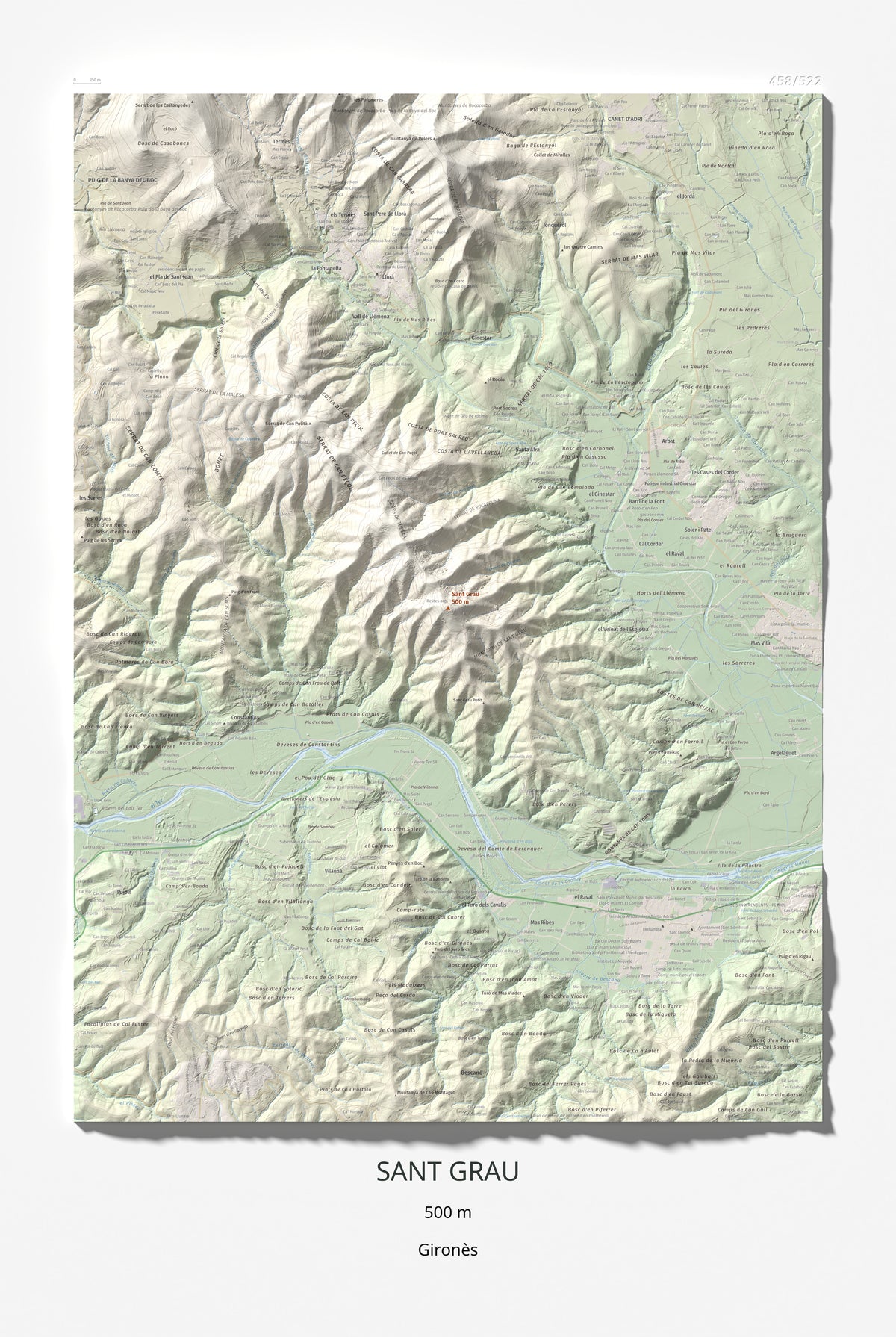 Mapa de relieve de Sant Grau, 500 m, Gironès, lámina 100 Cims de Trobart 61 × 91 cm.