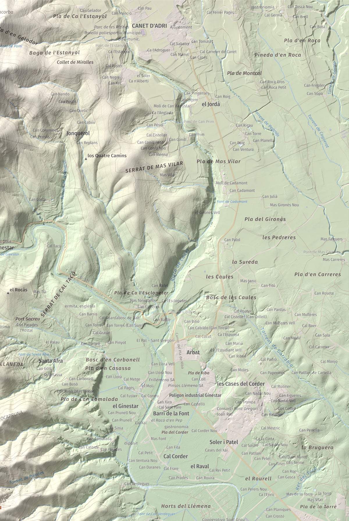 Mapa de relieve de Sant Grau, 500 m, Gironès, lámina 100 Cims de Trobart. Detalle de la zona superior derecha. 61 × 91 cm.
