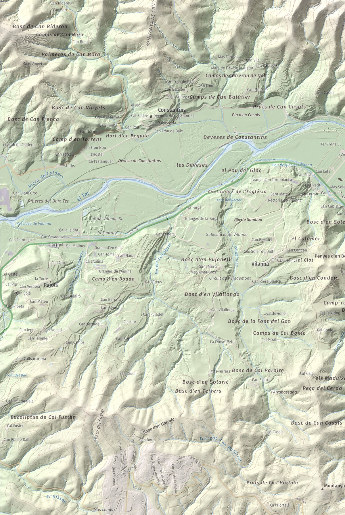 Mapa de relieve de Sant Grau, 500 m, Gironès, lámina 100 Cims de Trobart. Detalle de la zona inferior izquierda. 61 × 91 cm.