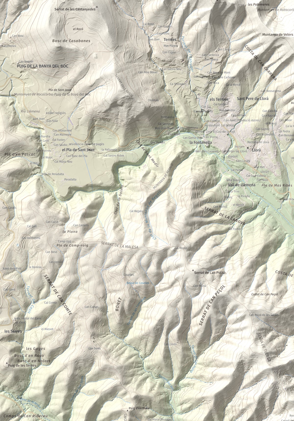 Mapa de relieve de Sant Grau, 500 m, Gironès, lámina 100 Cims de Trobart. Detalle de la zona superior izquierda. 70 × 100 cm.