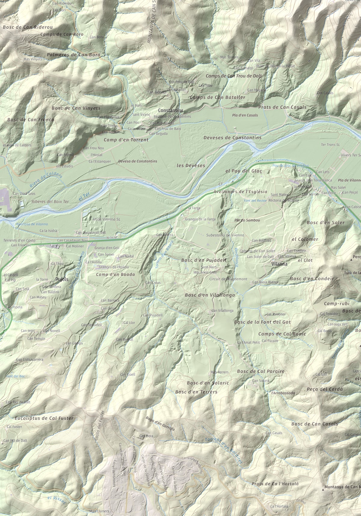Mapa de relieve de Sant Grau, 500 m, Gironès, lámina 100 Cims de Trobart. Detalle de la zona inferior izquierda. 70 × 100 cm.