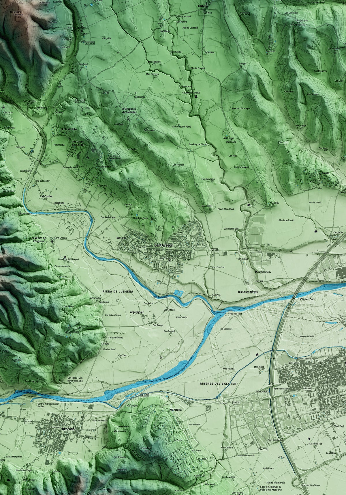 Mapa artístico del relieve de Sant Gregori, al Gironès, con 15 km de entorno y base topográfica ICGC. Detalle de la zona central.