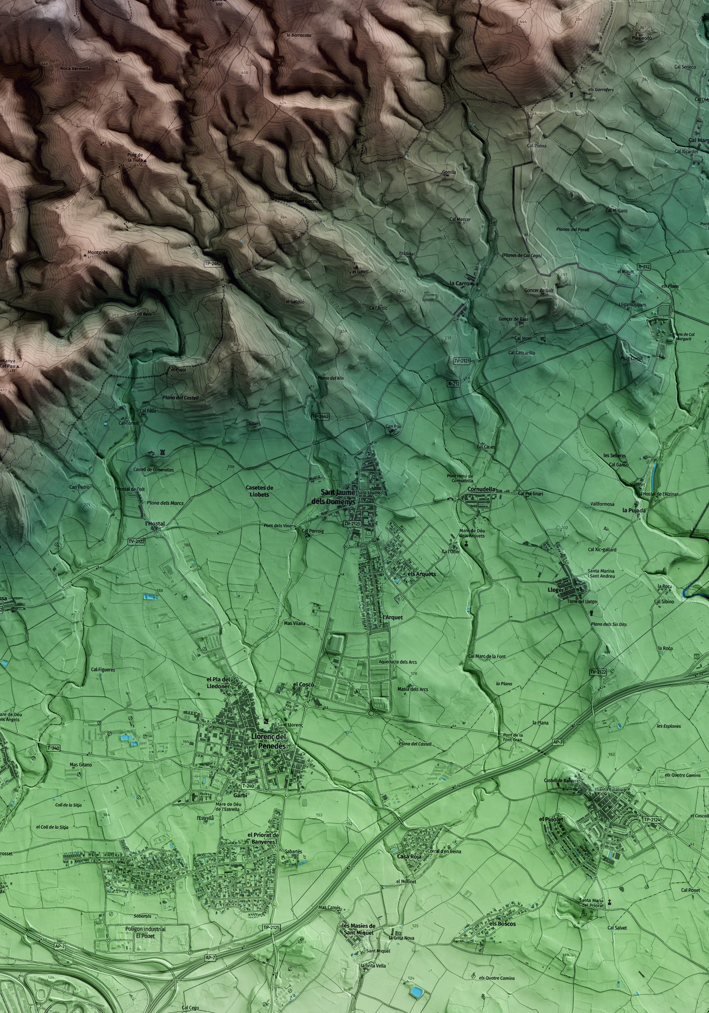 Mapa artístico del relieve de Sant Jaume dels Domenys, al Baix Penedès, con 15 km de entorno y base topográfica ICGC. Detalle de la zona central.