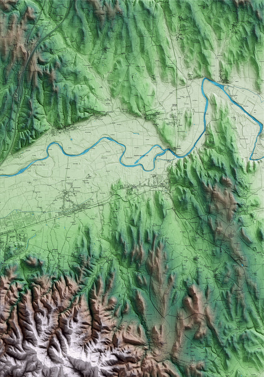 Mapa artístico del relieve de Sant Joan de Mollet, al Gironès, con 15 km de entorno y base topográfica ICGC