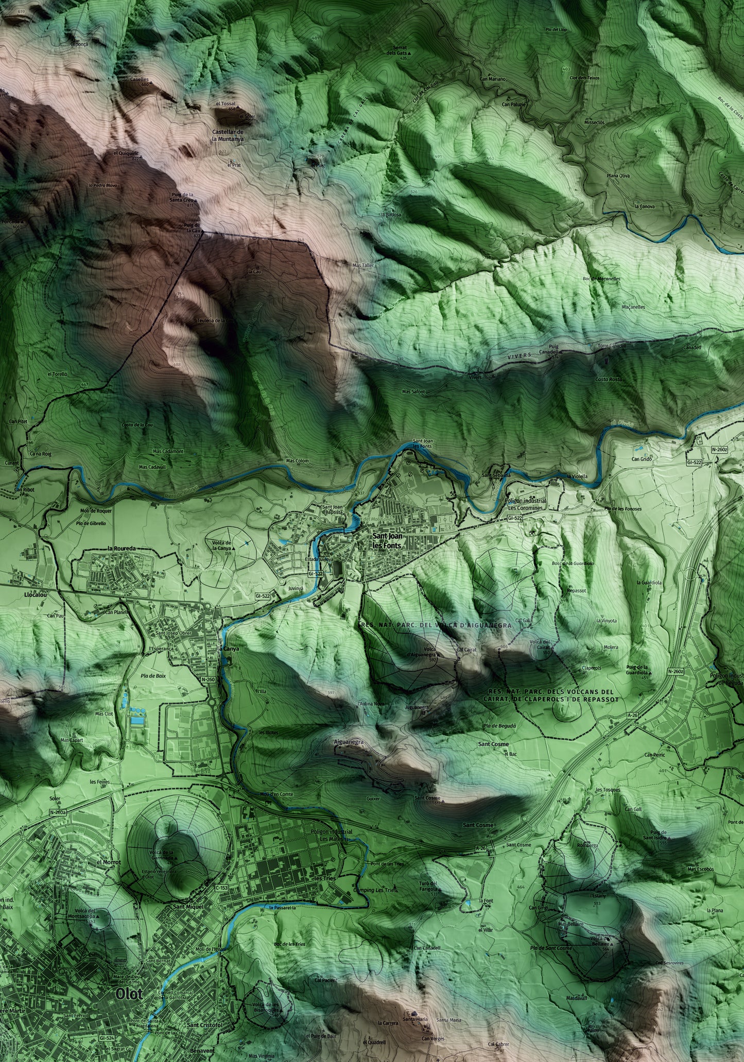Mapa artístico del relieve de Sant Joan les Fonts, a la Garrotxa, con 15 km de entorno y base topográfica ICGC. Detalle de la zona central.
