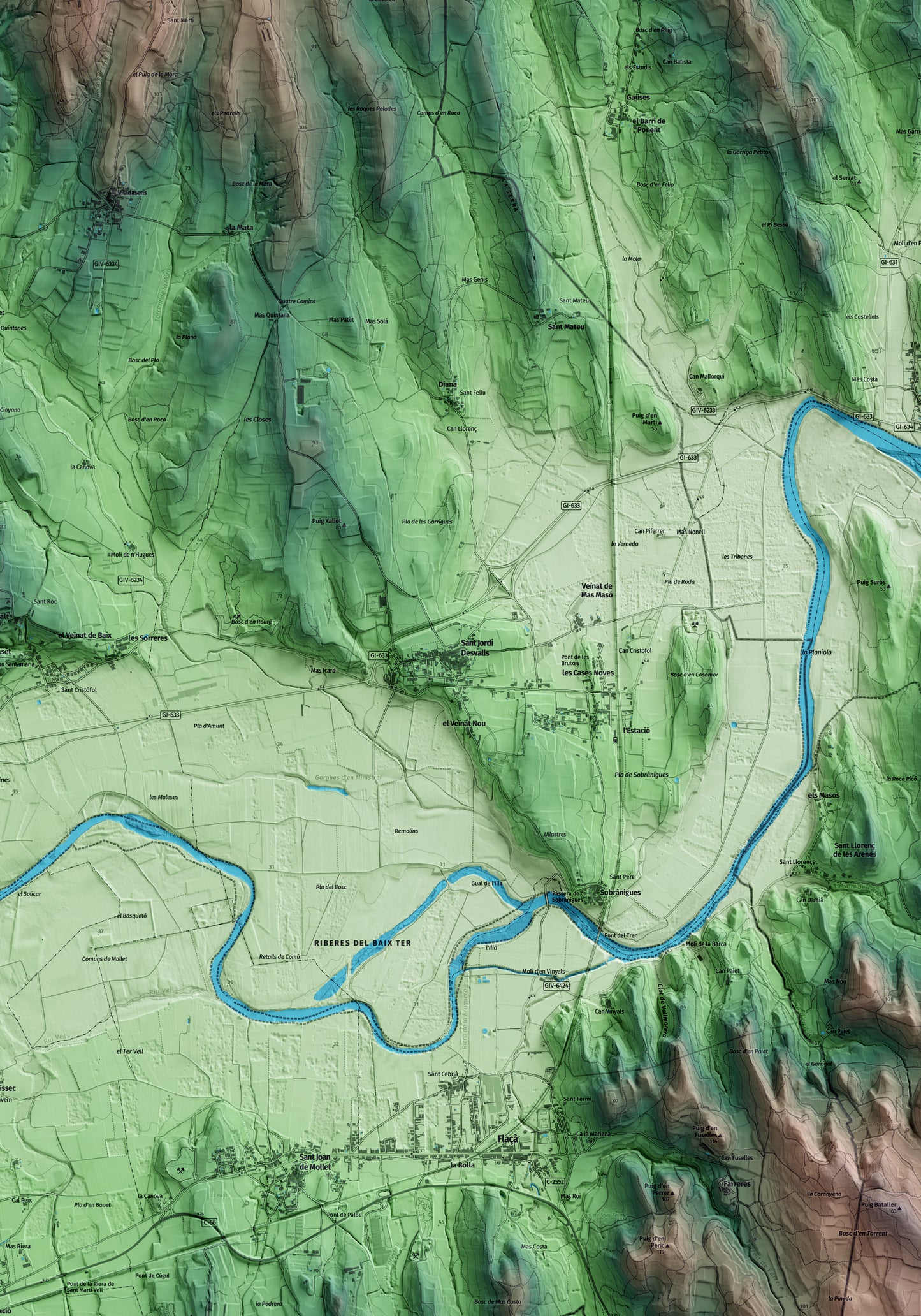 Mapa artístico del relieve de Sant Jordi Desvalls, al Gironès, con 15 km de entorno y base topográfica ICGC. Detalle de la zona central.