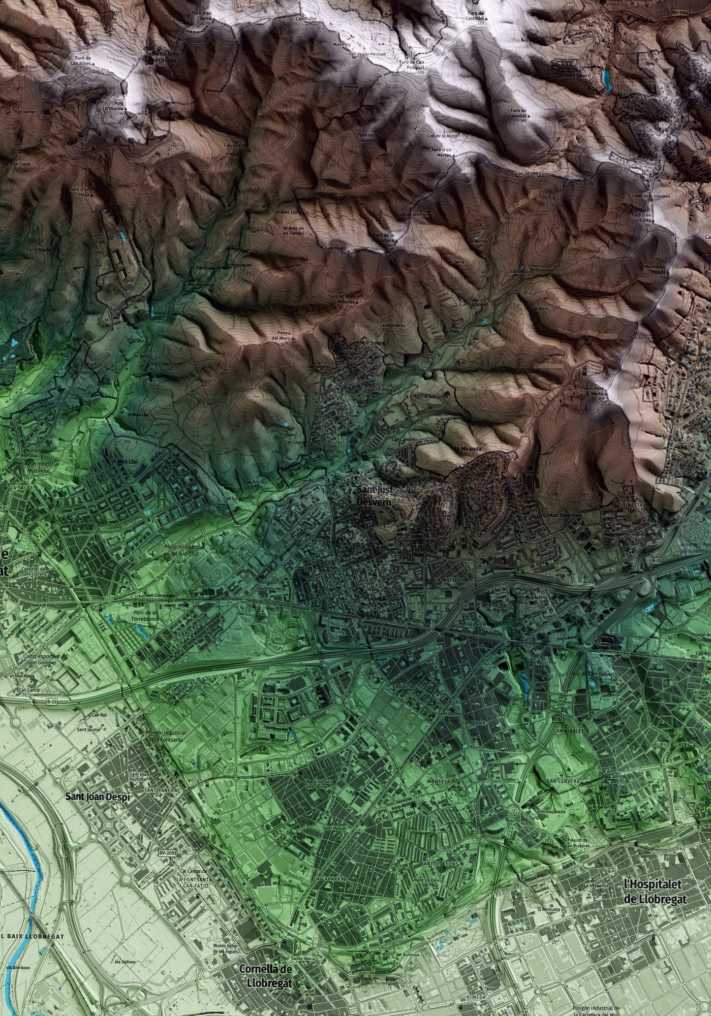 Mapa artístico del relieve de Sant Just Desvern, al Baix Llobregat, con 15 km de entorno y base topográfica ICGC. Detalle de la zona central.