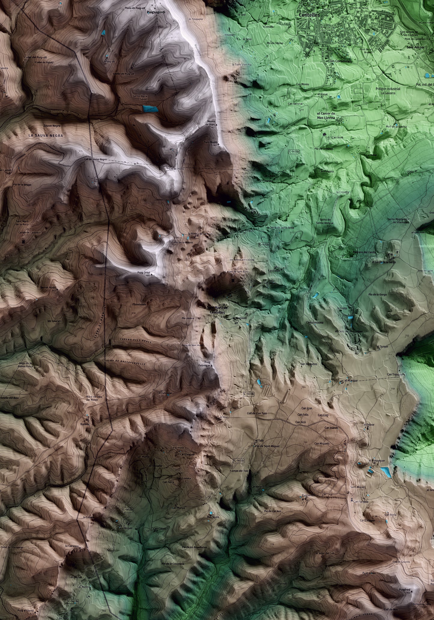 Mapa artístico del relieve de Sant Martí de Centelles, a Osona, con 15 km de entorno y base topográfica ICGC. Detalle de la zona central.