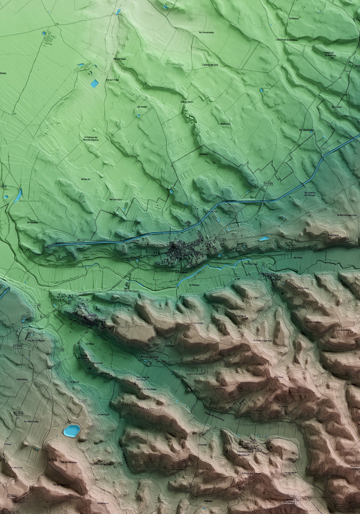 Mapa artístico del relieve de Sant Martí de Riucorb, al Urgell, con 15 km de entorno y base topográfica ICGC. Detalle de la zona central.