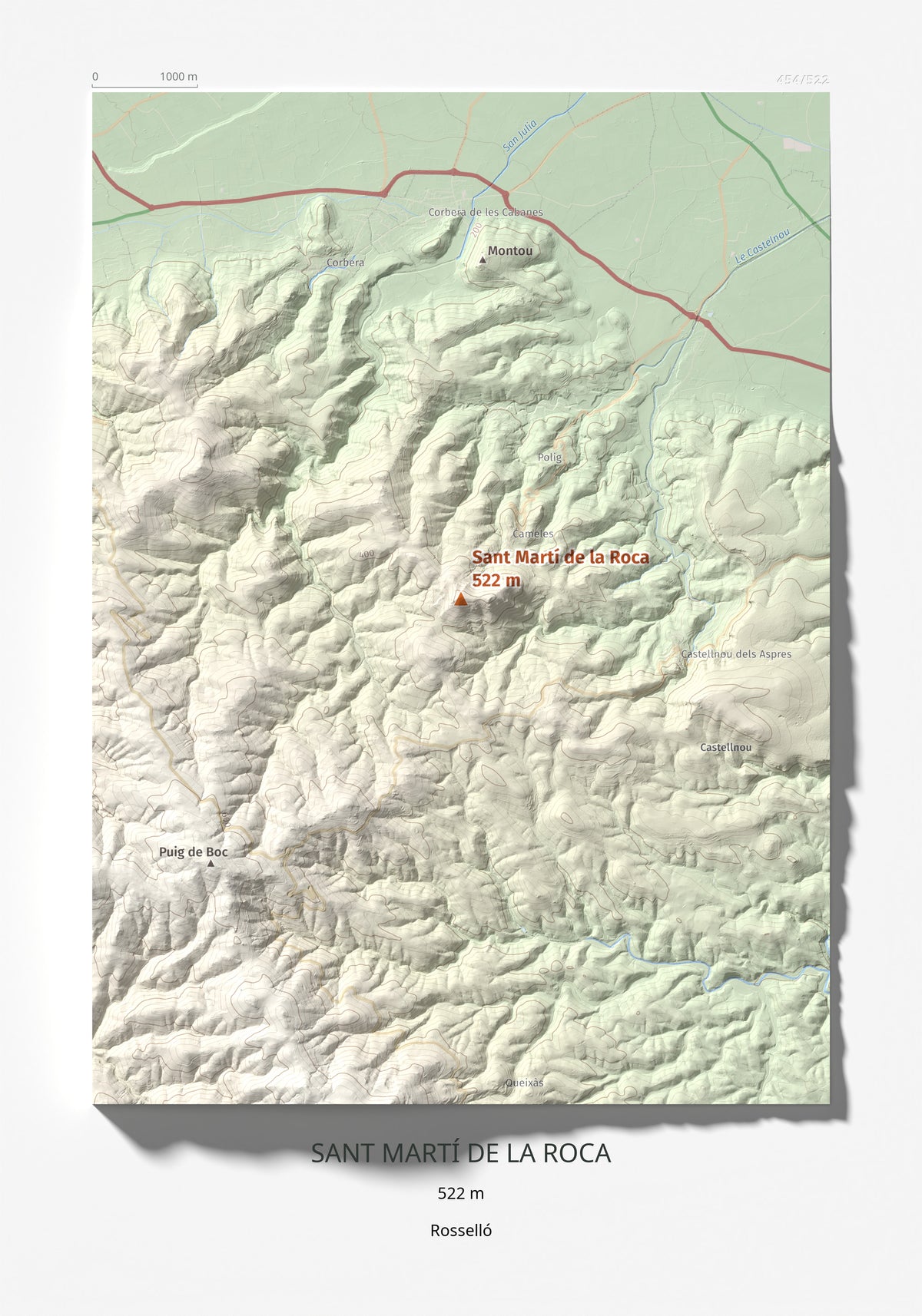 Mapa de relieve de Sant Martí de la Roca, 522 m, Rosselló, lámina 100 Cims de Trobart 21 × 30 cm.