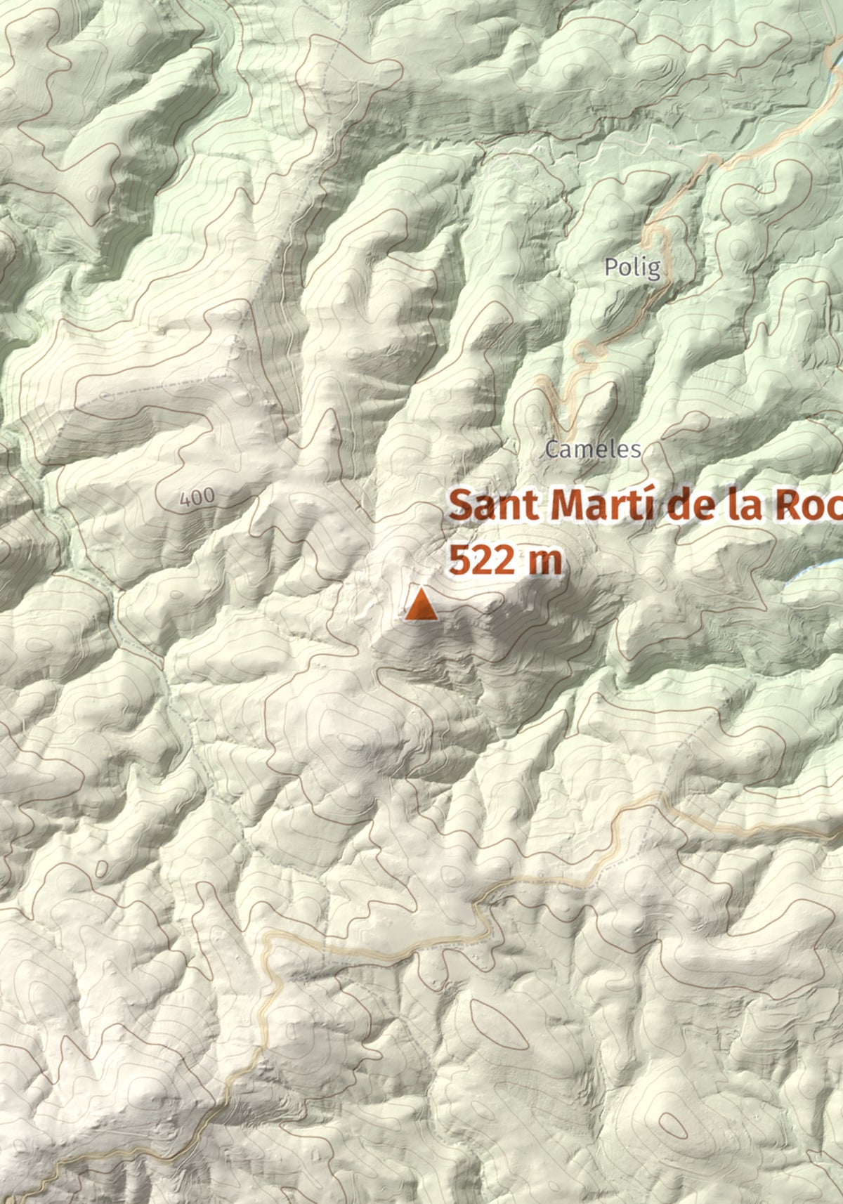 Mapa de relieve de Sant Martí de la Roca, 522 m, Rosselló, lámina 100 Cims de Trobart. Detalle de la zona central. 21 × 30 cm.