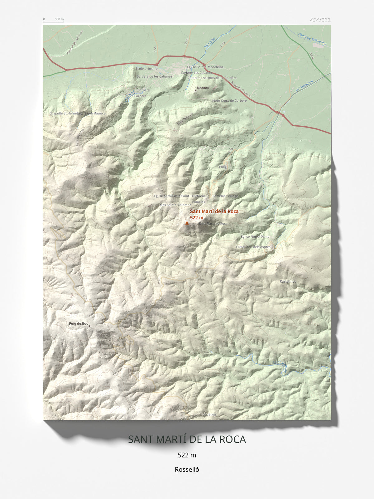 Mapa de relieve de Sant Martí de la Roca, 522 m, Rosselló, lámina 100 Cims de Trobart 30 × 40 cm.