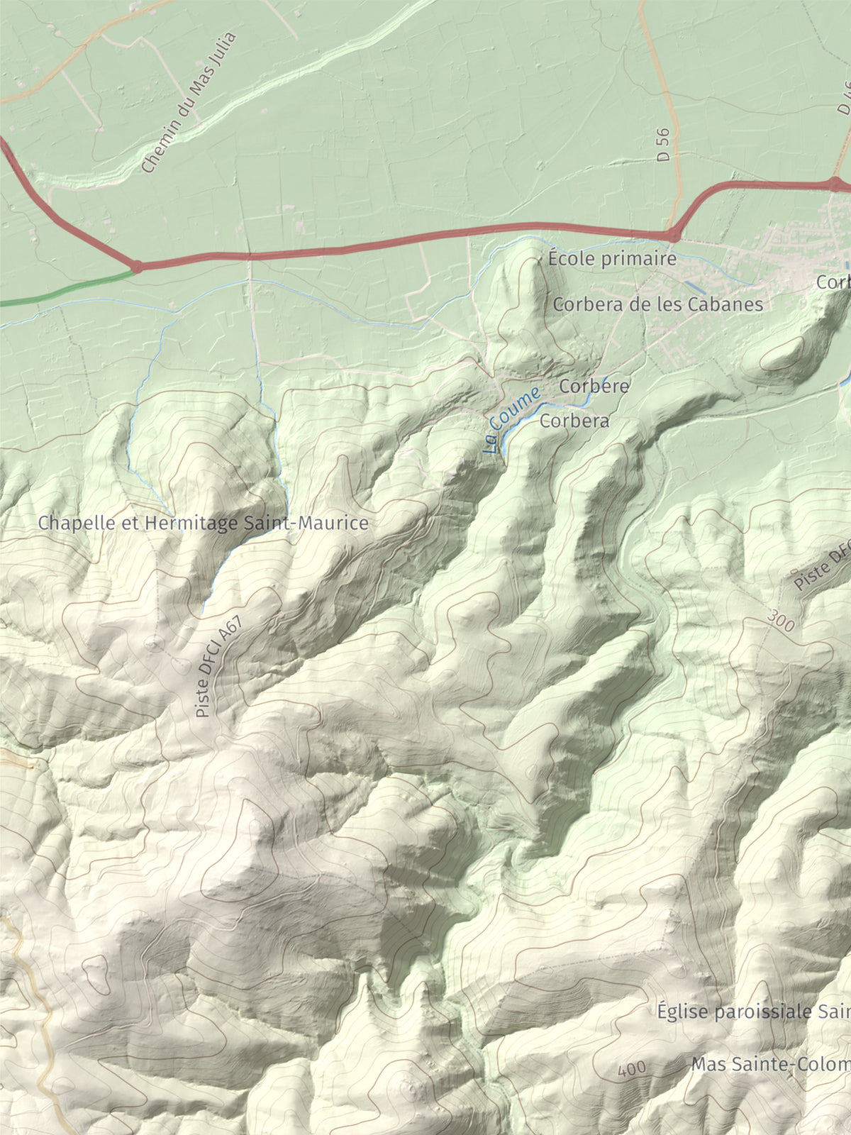 Mapa de relieve de Sant Martí de la Roca, 522 m, Rosselló, lámina 100 Cims de Trobart. Detalle de la zona superior izquierda. 30 × 40 cm.