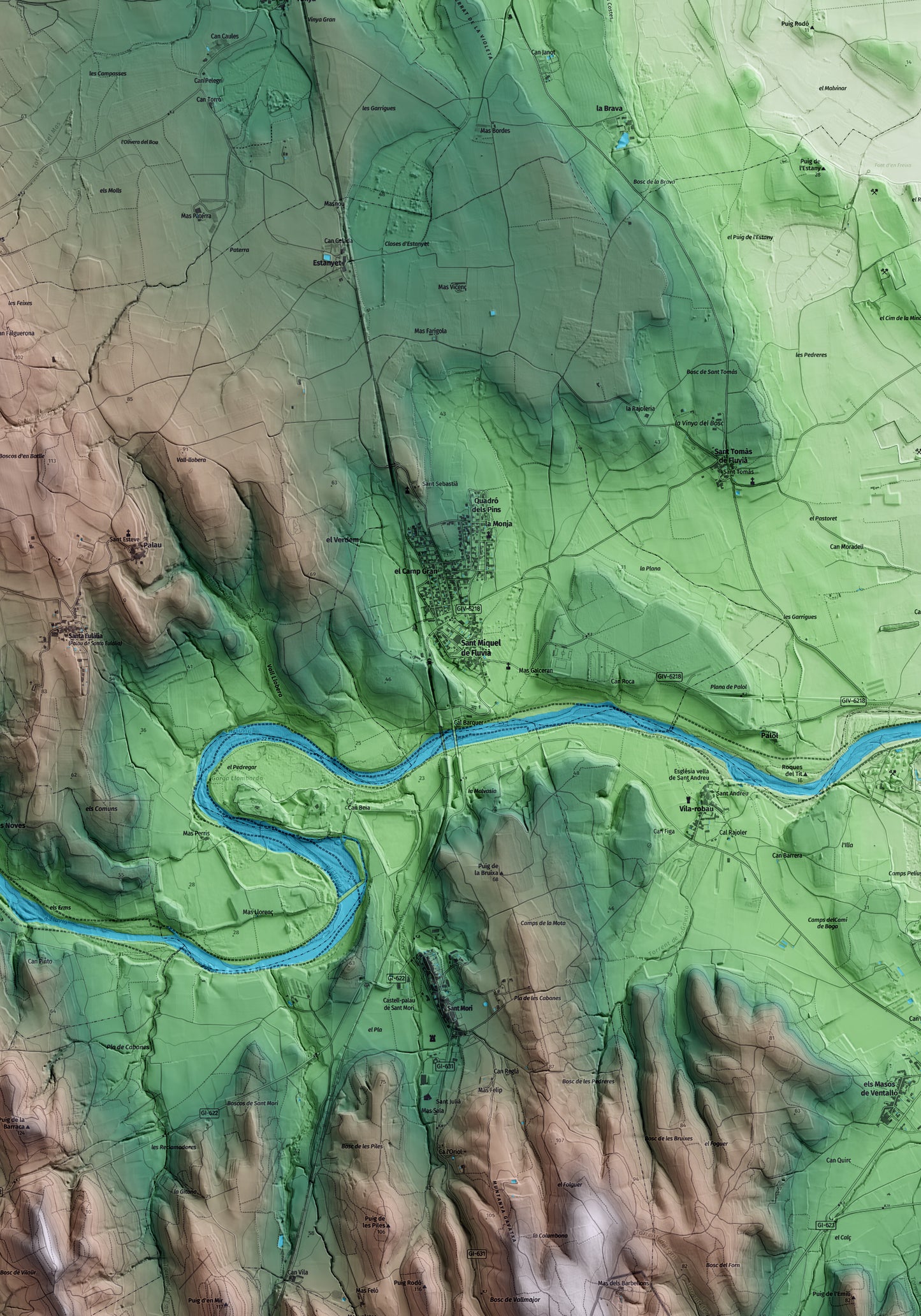 Mapa artístico del relieve de Sant Miquel de Fluvià, al Alt Empordà, con 15 km de entorno y base topográfica ICGC. Detalle de la zona central.