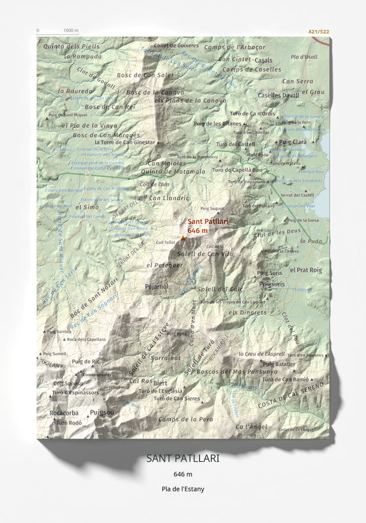 Mapa de relieve de Sant Patllari, 646 m, Pla de l'Estany, lámina 100 Cims de Trobart 21 × 30 cm.