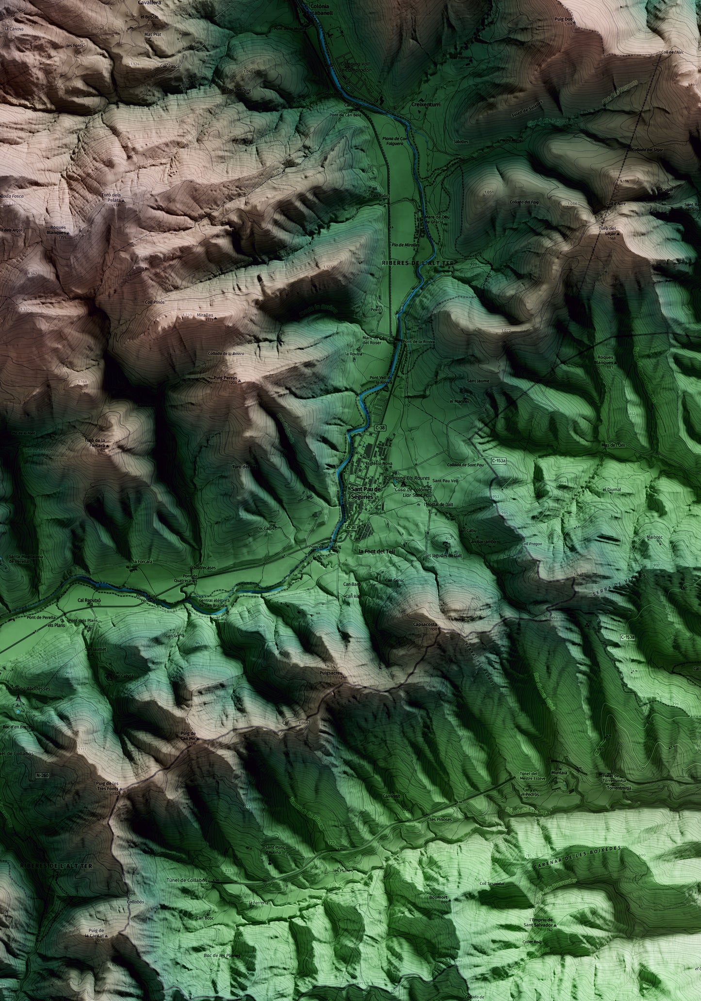 Mapa artístico del relieve de Sant Pau de Segúries, al Ripollès, con 15 km de entorno y base topográfica ICGC. Detalle de la zona central.