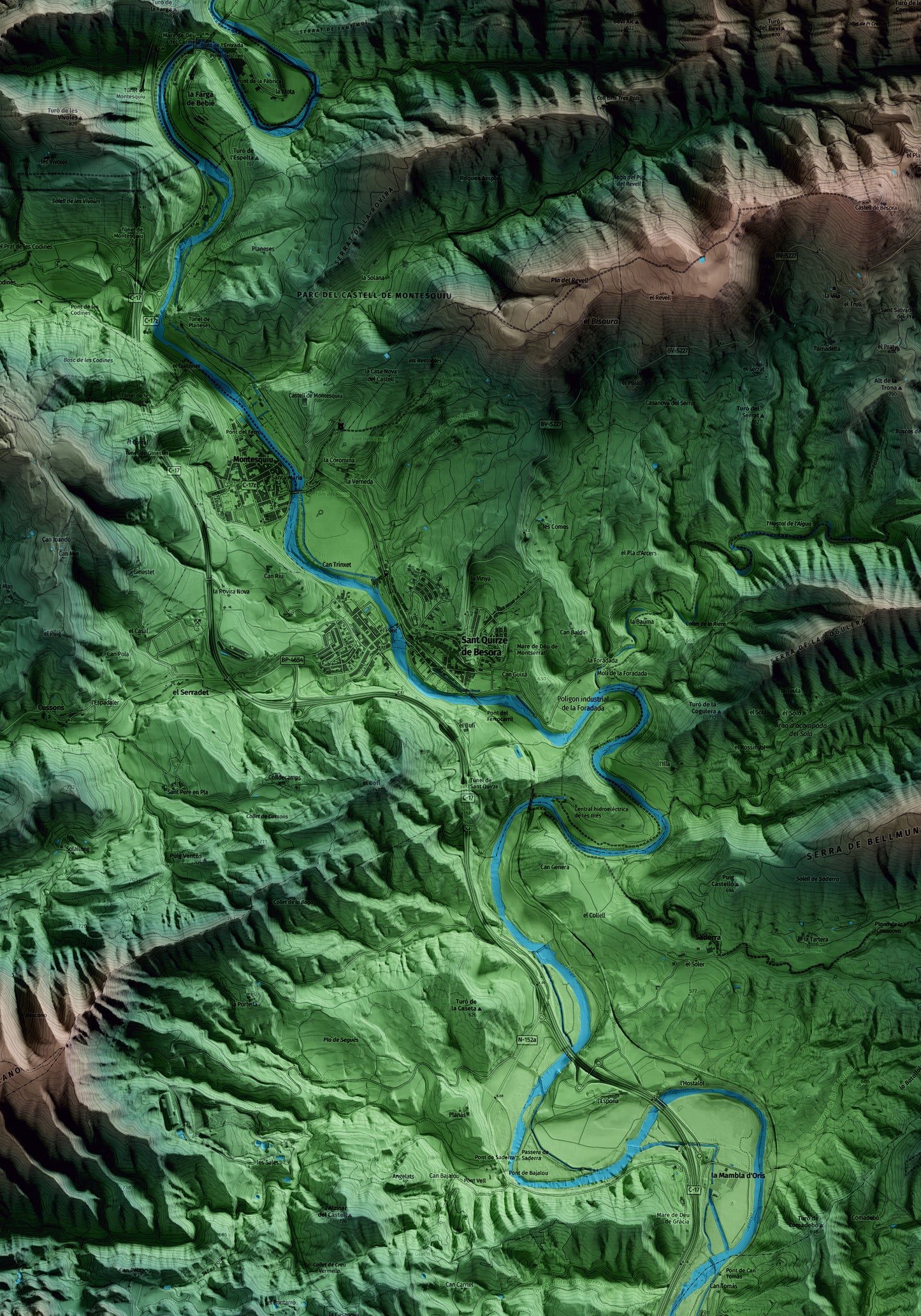 Mapa artístico del relieve de Sant Quirze de Besora, a Osona, con 15 km de entorno y base topográfica ICGC. Detalle de la zona central.
