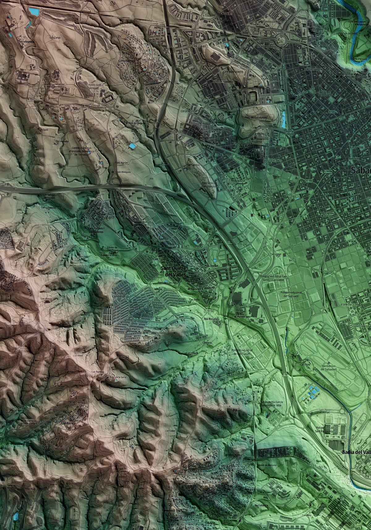 Mapa artístico del relieve de Sant Quirze del Vallès, al Vallès Occidental, con 15 km de entorno y base topográfica ICGC. Detalle de la zona central.