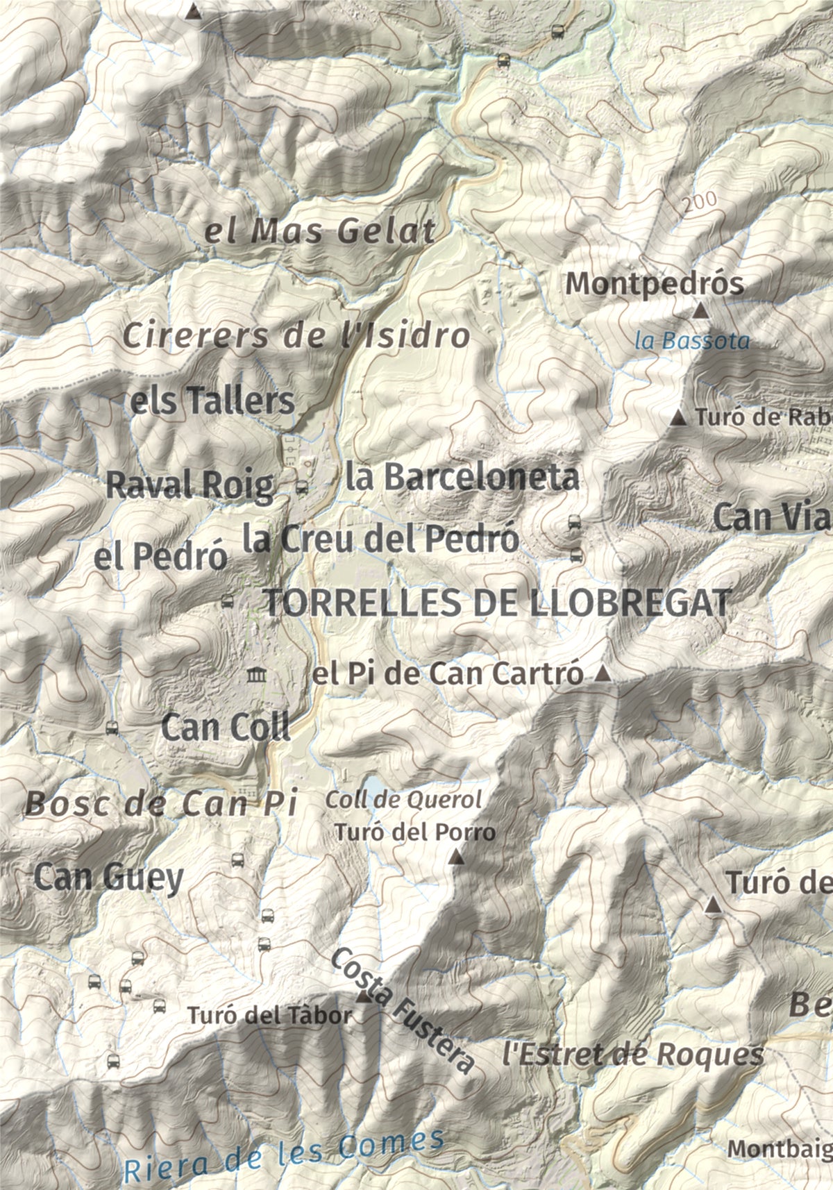 Mapa topográfico del relieve: Sant Ramon, 295 m. Detalle de la zona superior izquierda. 21 × 30 cm.