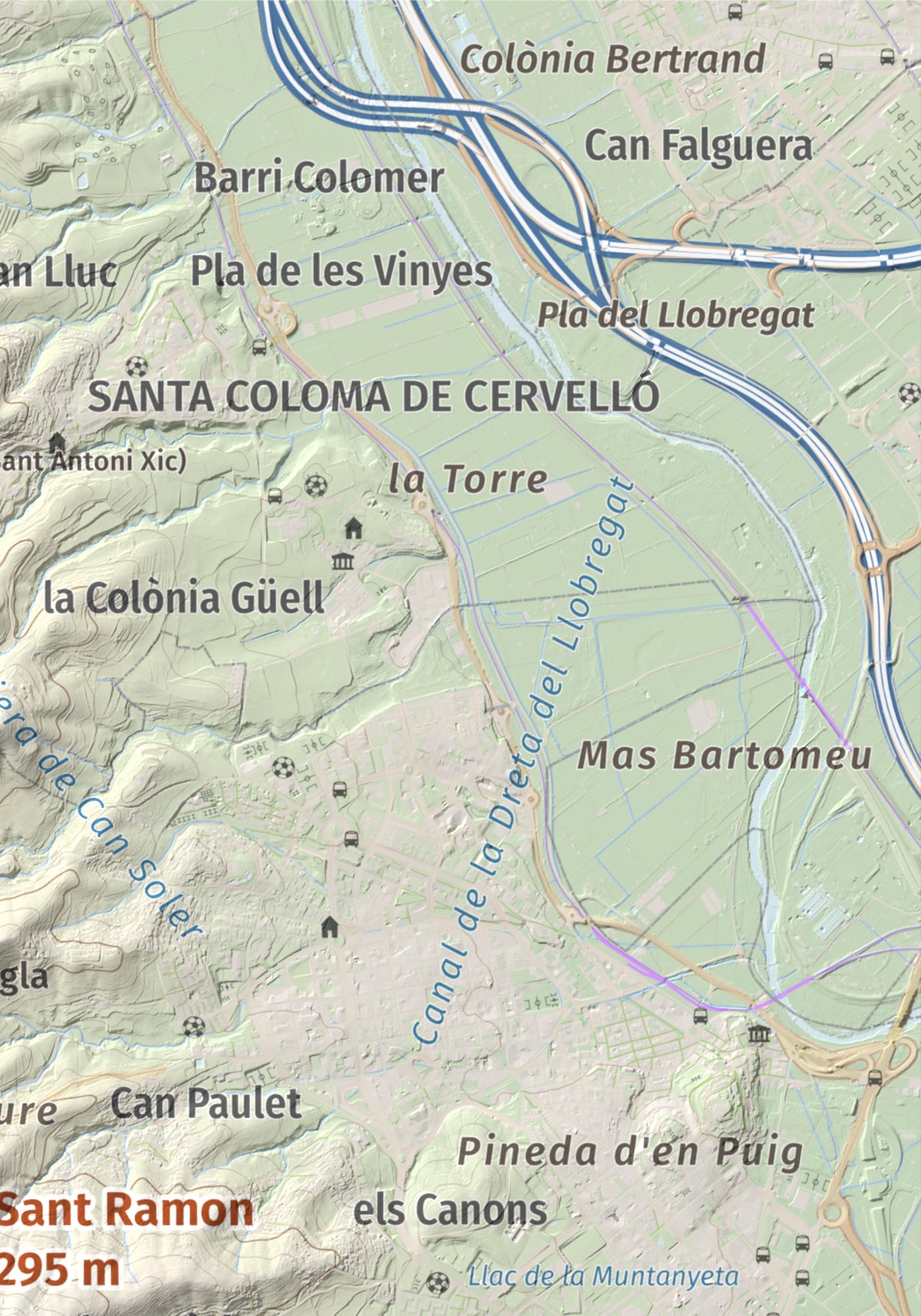 Mapa topográfico del relieve: Sant Ramon, 295 m. Detalle de la zona superior derecha. 21 × 30 cm.