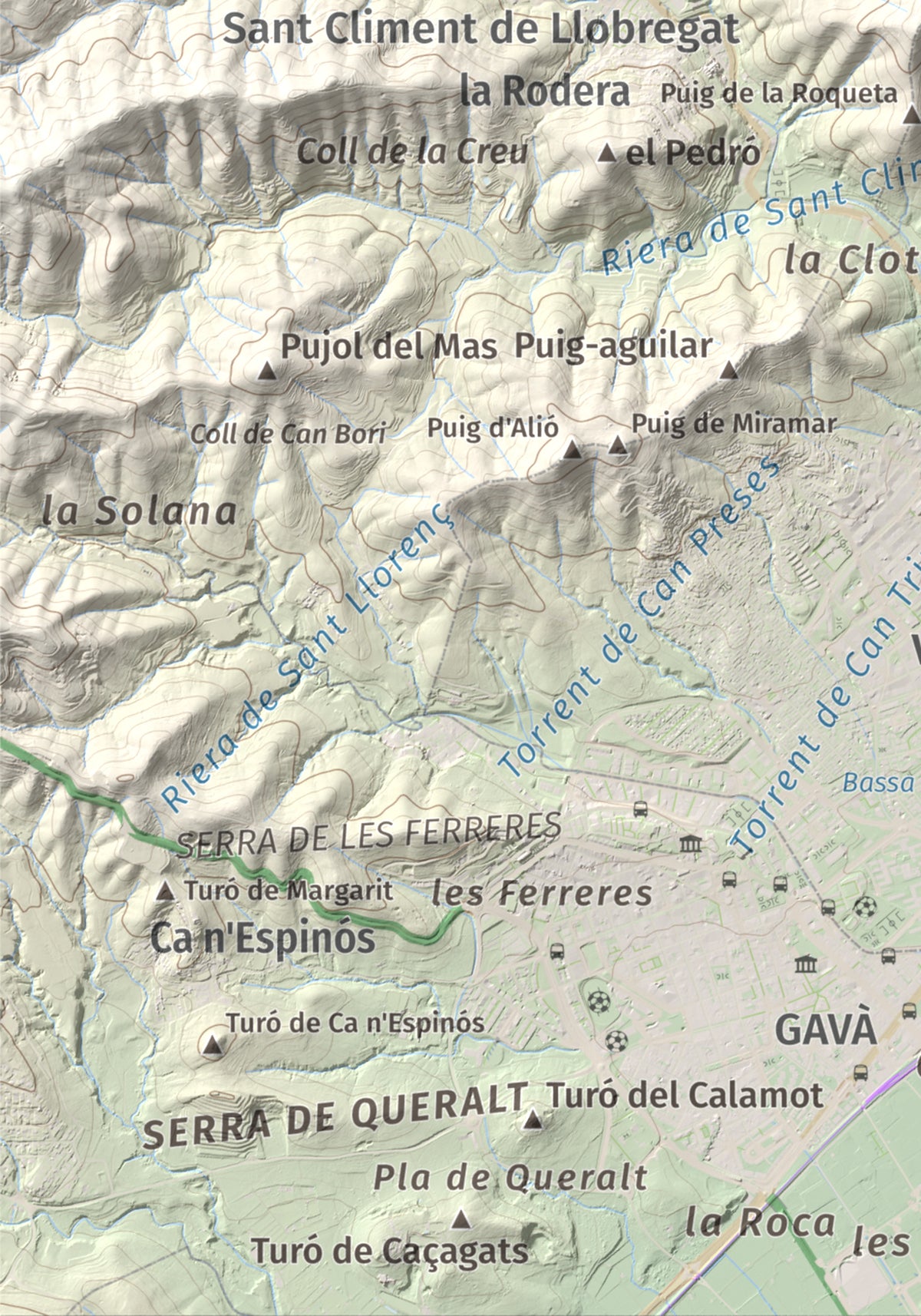 Mapa topográfico del relieve: Sant Ramon, 295 m. Detalle de la zona inferior izquierda. 21 × 30 cm.