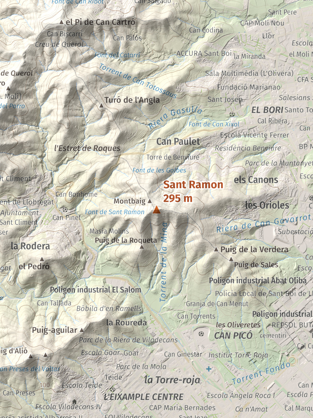 Mapa topográfico del relieve: Sant Ramon, 295 m. Detalle de la zona central. 30 × 40 cm.