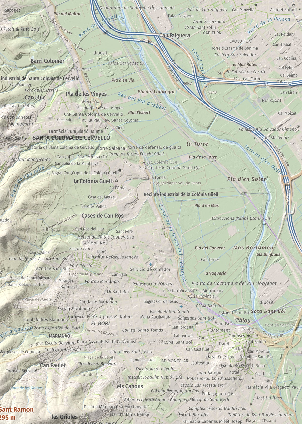 Mapa topográfico del relieve: Sant Ramon, 295 m. Detalle de la zona superior derecha. 50 × 70 cm.