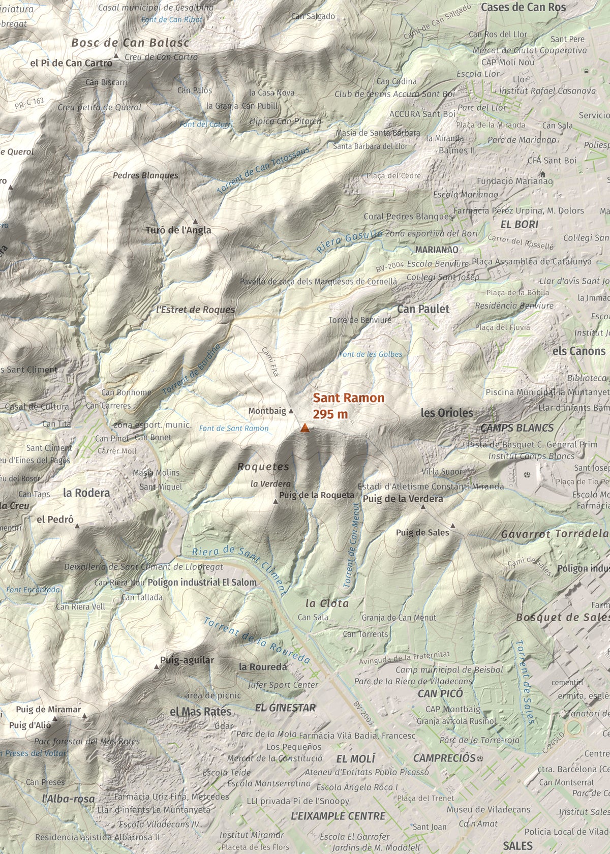 Mapa topográfico del relieve: Sant Ramon, 295 m. Detalle de la zona central. 50 × 70 cm.