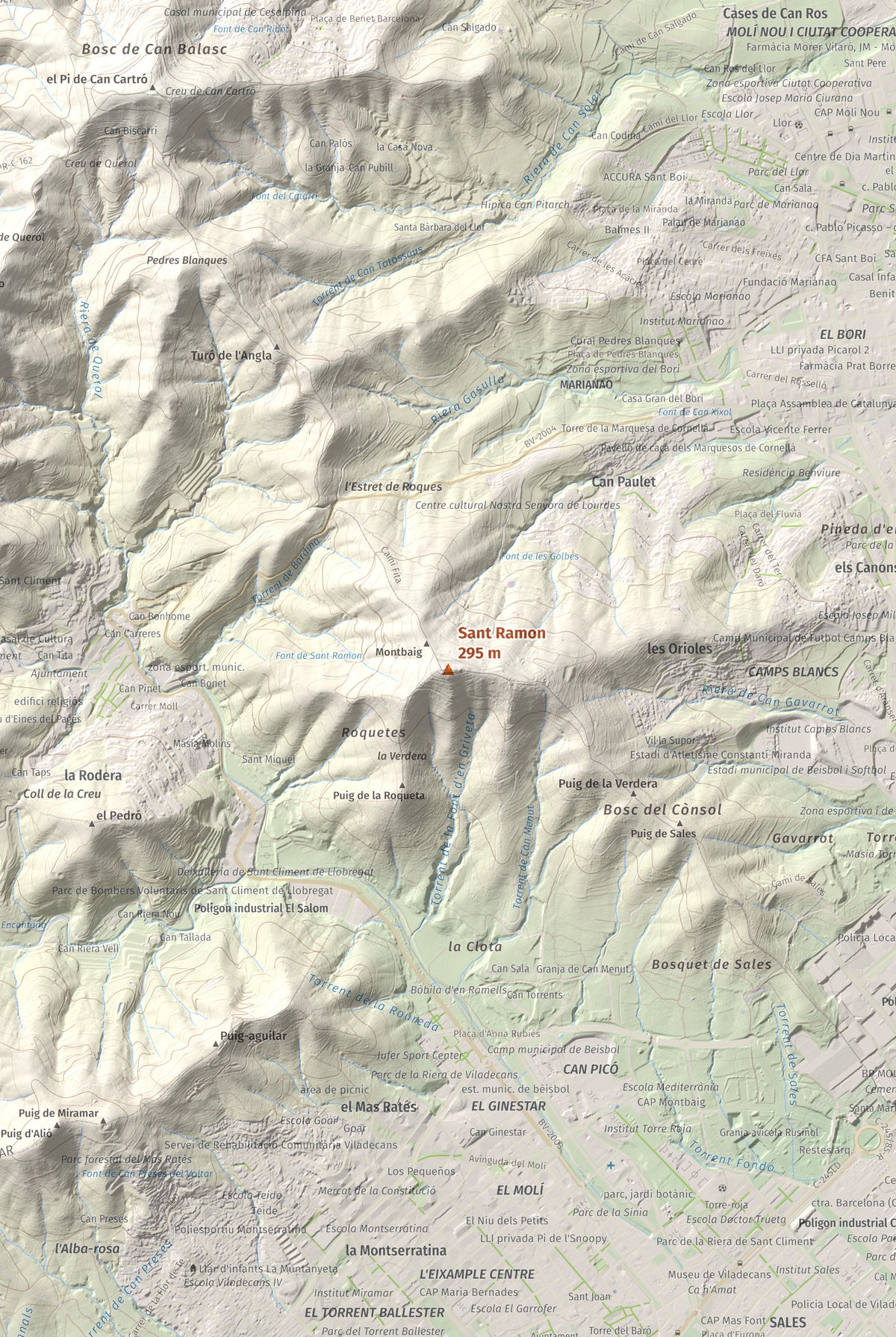 Mapa topográfico del relieve: Sant Ramon, 295 m. Detalle de la zona central. 61 × 91 cm.