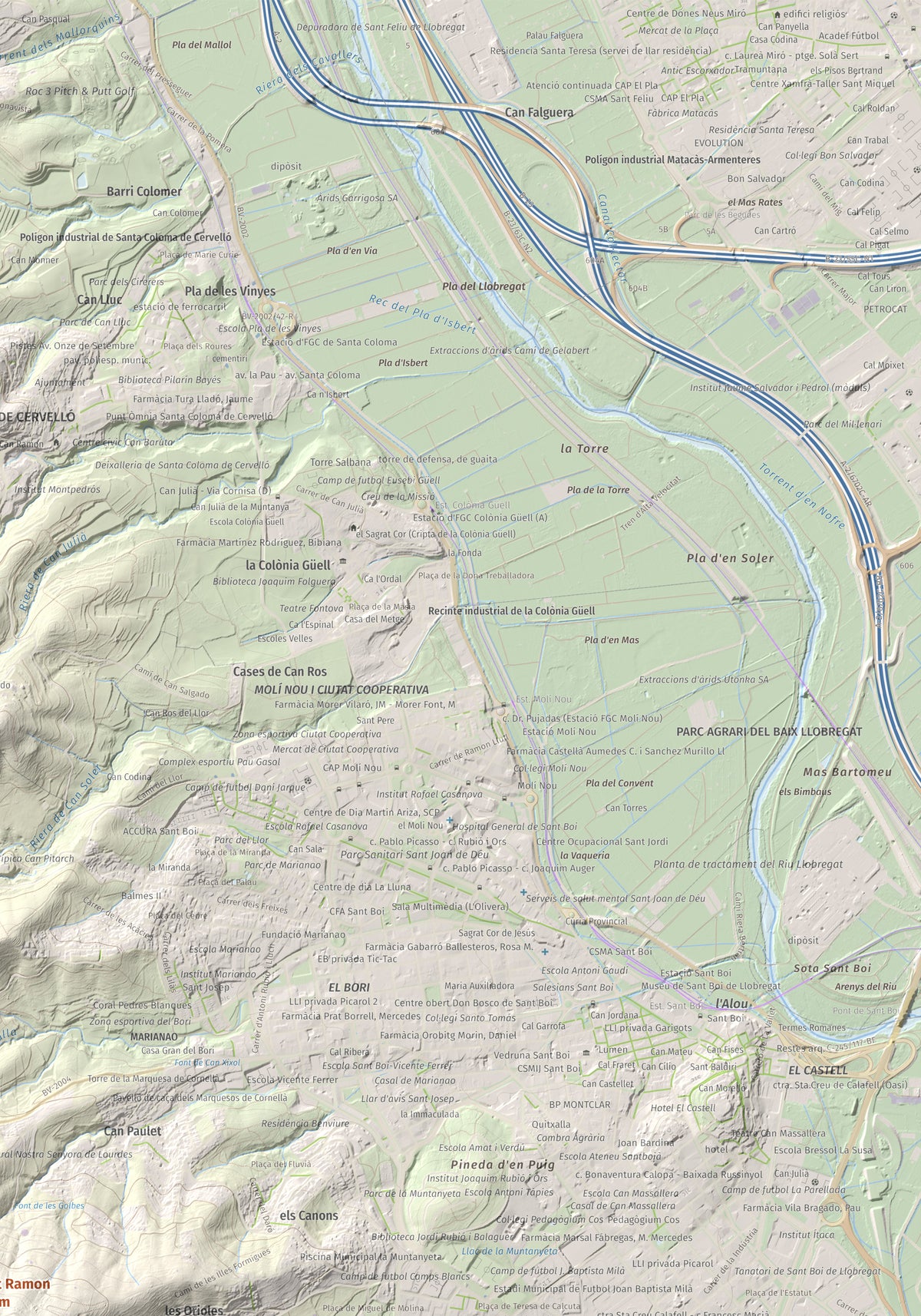 Mapa topográfico del relieve: Sant Ramon, 295 m. Detalle de la zona superior derecha. 70 × 100 cm.