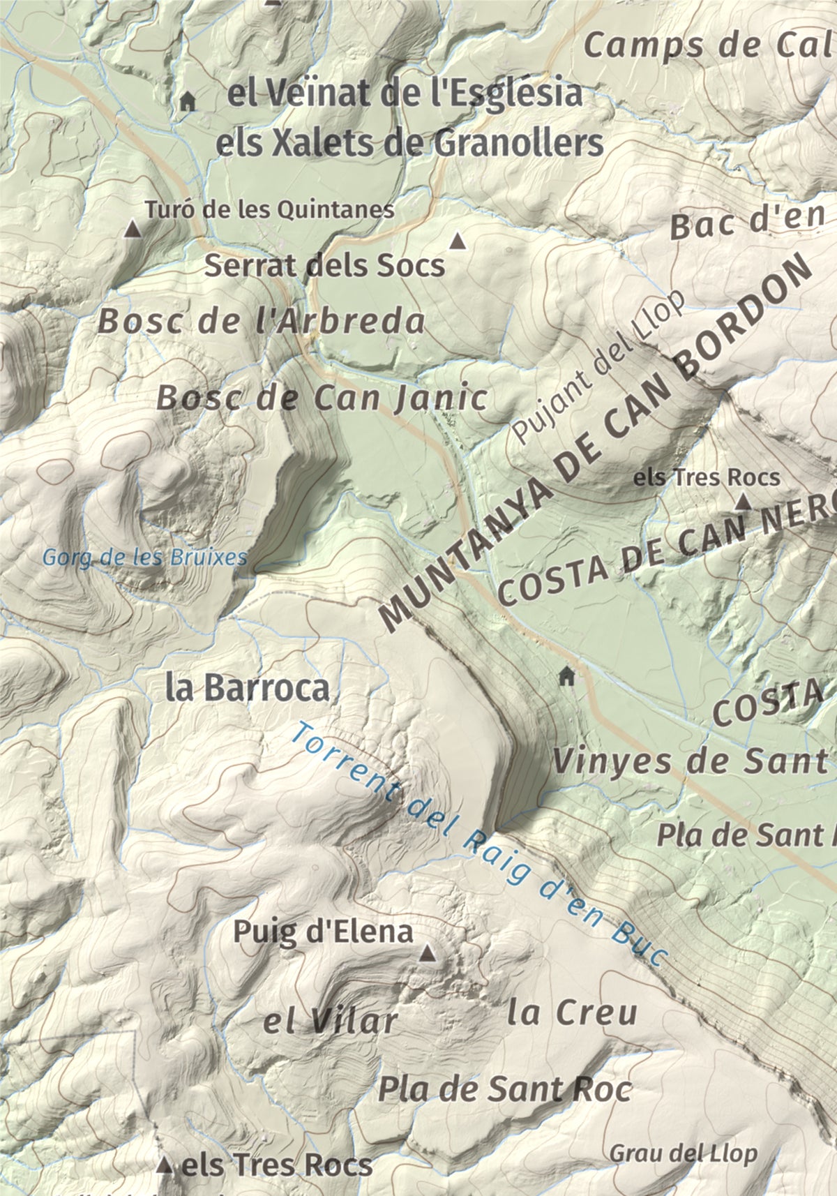 Mapa de relieve de Sant Roc, 598 m, Garrotxa · Gironès · Selva, lámina 100 Cims de Trobart. Detalle de la zona superior izquierda. 21 × 30 cm.
