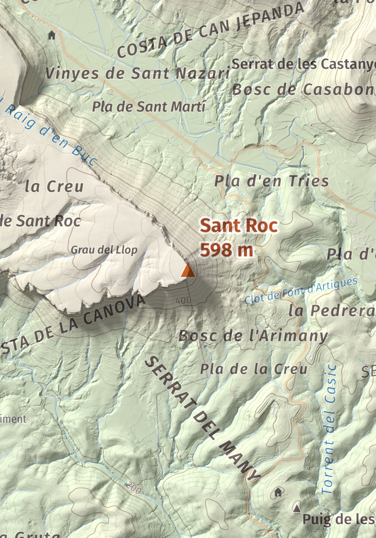 Mapa de relieve de Sant Roc, 598 m, Garrotxa · Gironès · Selva, lámina 100 Cims de Trobart. Detalle de la zona central. 21 × 30 cm.