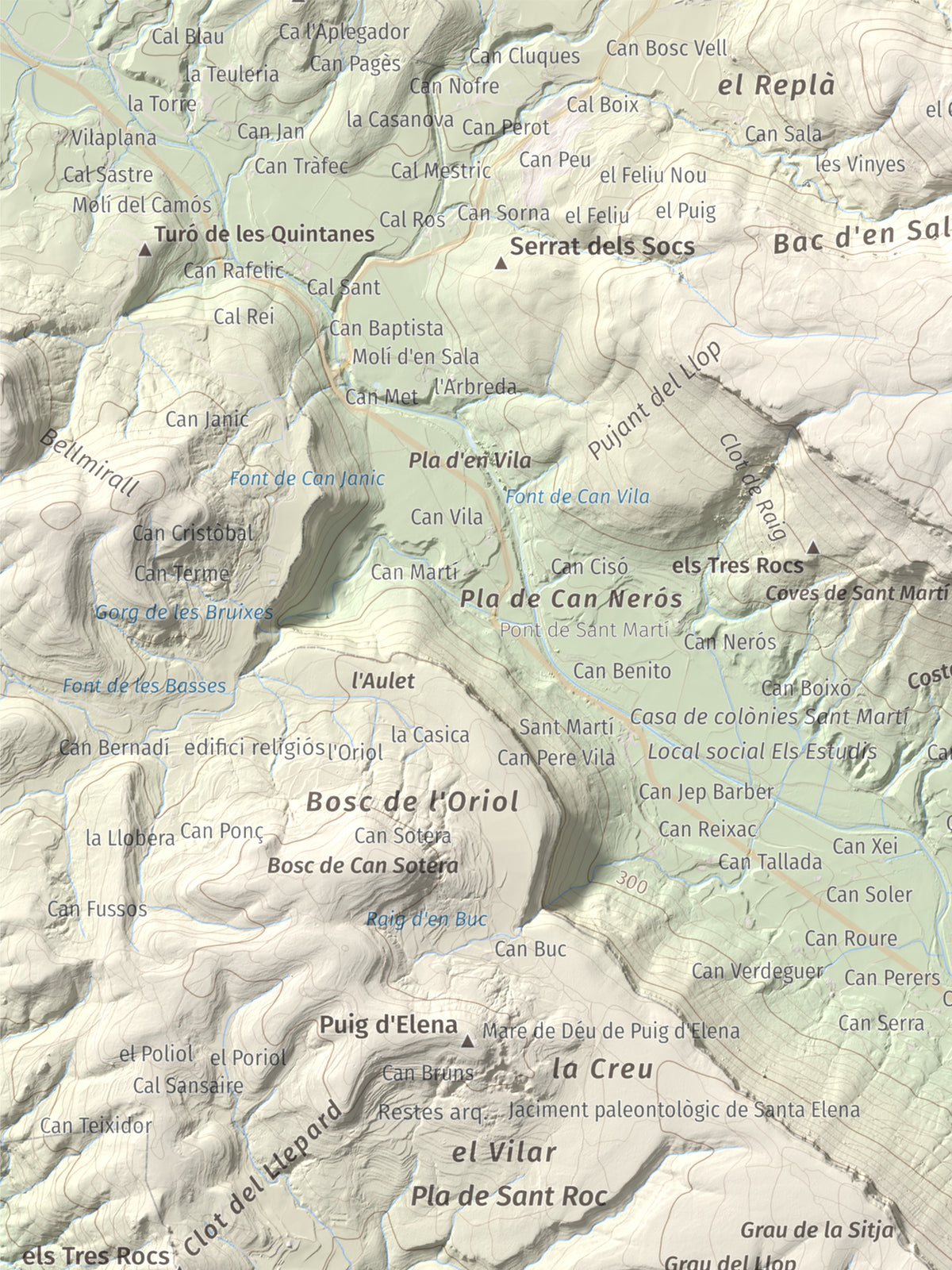 Mapa de relieve de Sant Roc, 598 m, Garrotxa · Gironès · Selva, lámina 100 Cims de Trobart. Detalle de la zona superior izquierda. 30 × 40 cm.