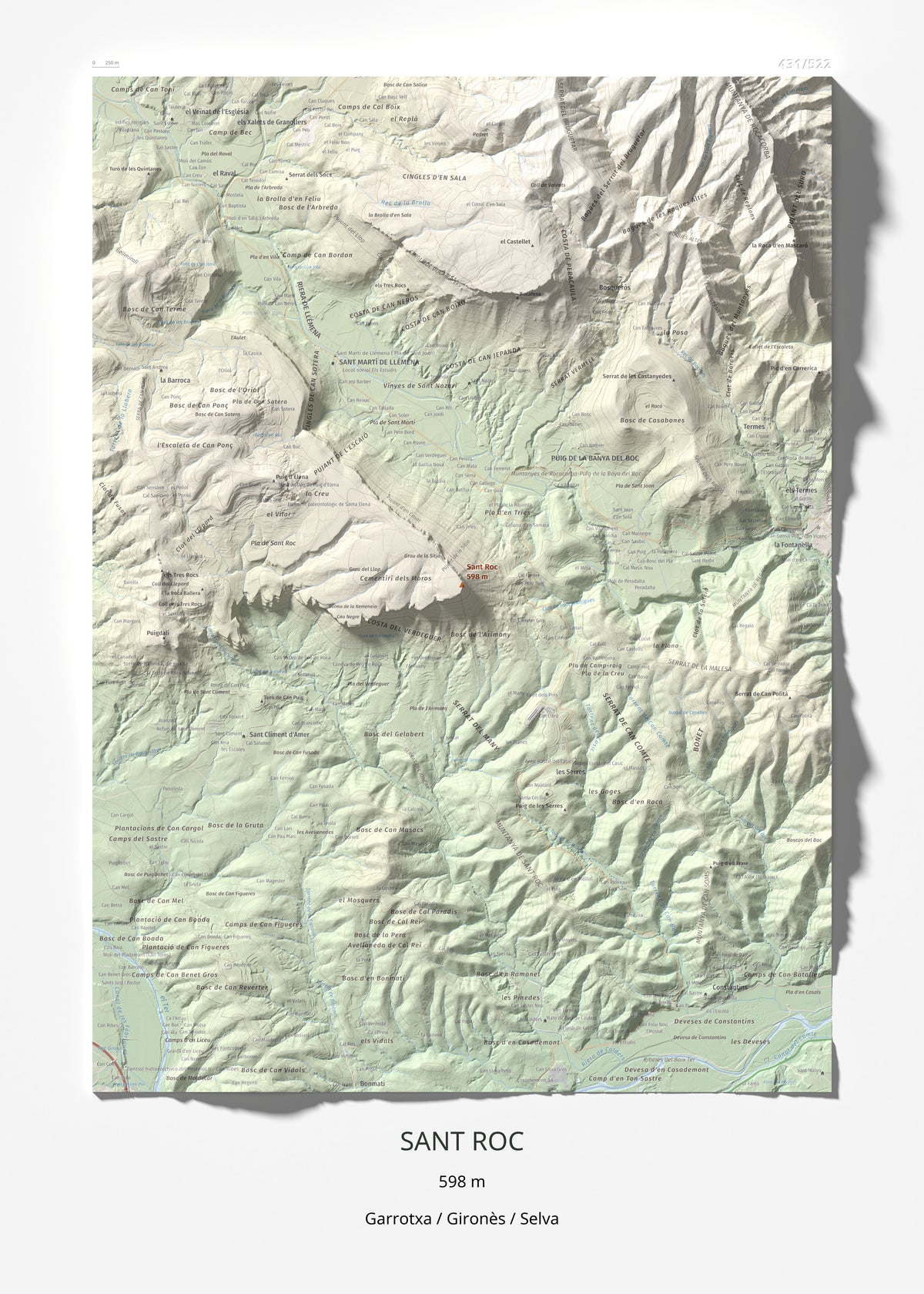 Mapa de relieve de Sant Roc, 598 m, Garrotxa · Gironès · Selva, lámina 100 Cims de Trobart 50 × 70 cm.