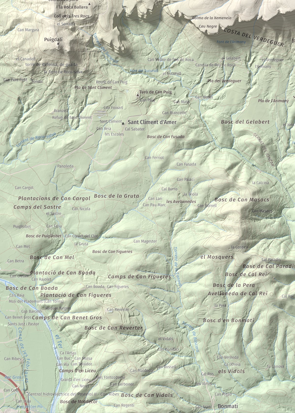 Mapa de relieve de Sant Roc, 598 m, Garrotxa · Gironès · Selva, lámina 100 Cims de Trobart. Detalle de la zona inferior izquierda. 50 × 70 cm.