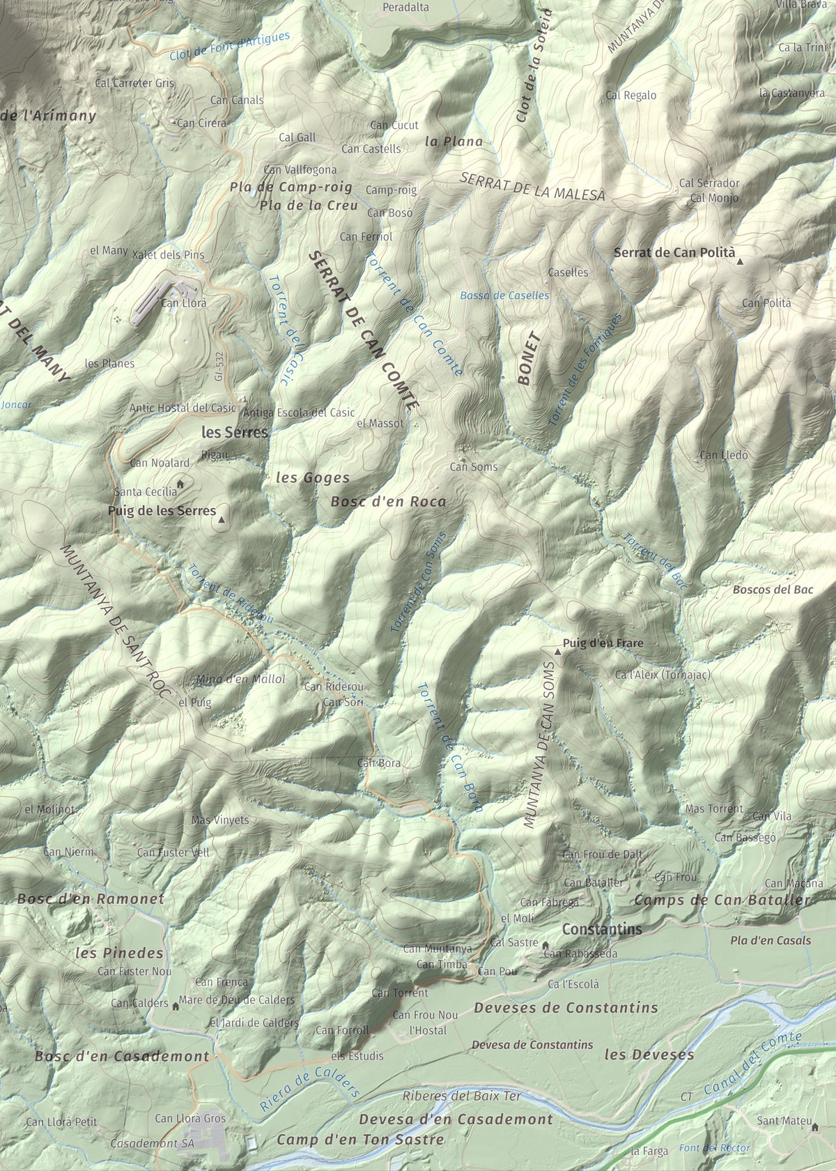 Mapa de relieve de Sant Roc, 598 m, Garrotxa · Gironès · Selva, lámina 100 Cims de Trobart. Detalle de la zona inferior derecha. 50 × 70 cm.