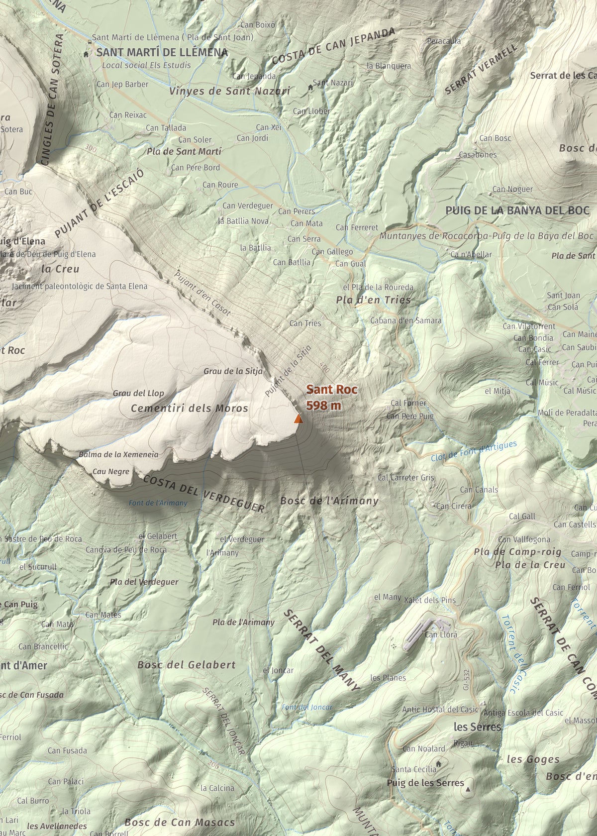 Mapa de relieve de Sant Roc, 598 m, Garrotxa · Gironès · Selva, lámina 100 Cims de Trobart. Detalle de la zona central. 50 × 70 cm.