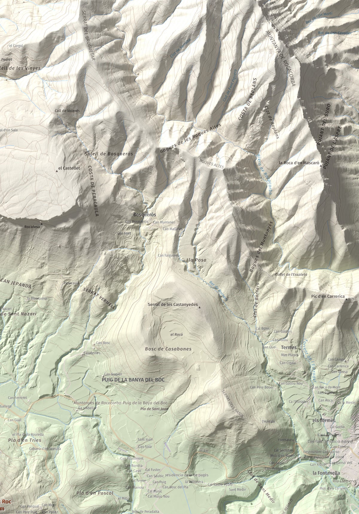 Mapa de relieve de Sant Roc, 598 m, Garrotxa · Gironès · Selva, lámina 100 Cims de Trobart. Detalle de la zona superior derecha. 70 × 100 cm.