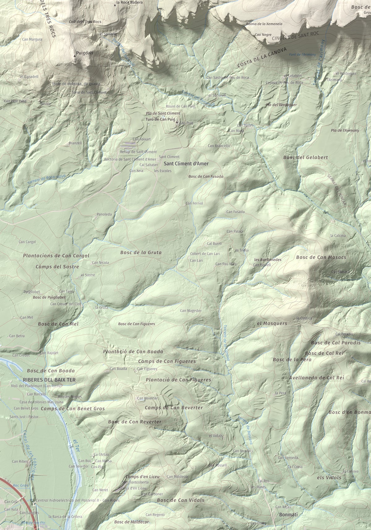 Mapa de relieve de Sant Roc, 598 m, Garrotxa · Gironès · Selva, lámina 100 Cims de Trobart. Detalle de la zona inferior izquierda. 70 × 100 cm.
