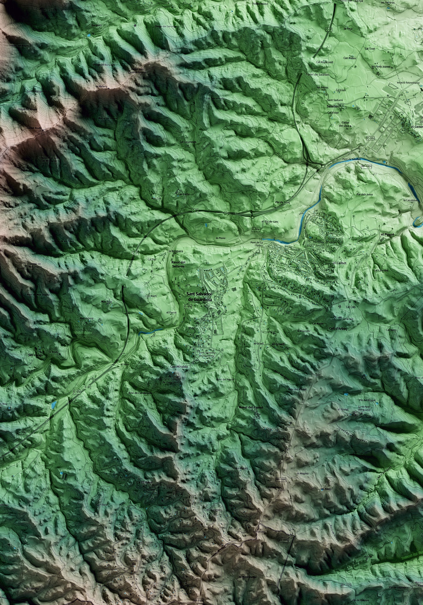 Mapa artístico del relieve de Sant Salvador de Guardiola, al Bages, con 15 km de entorno y base topográfica ICGC. Detalle de la zona central.