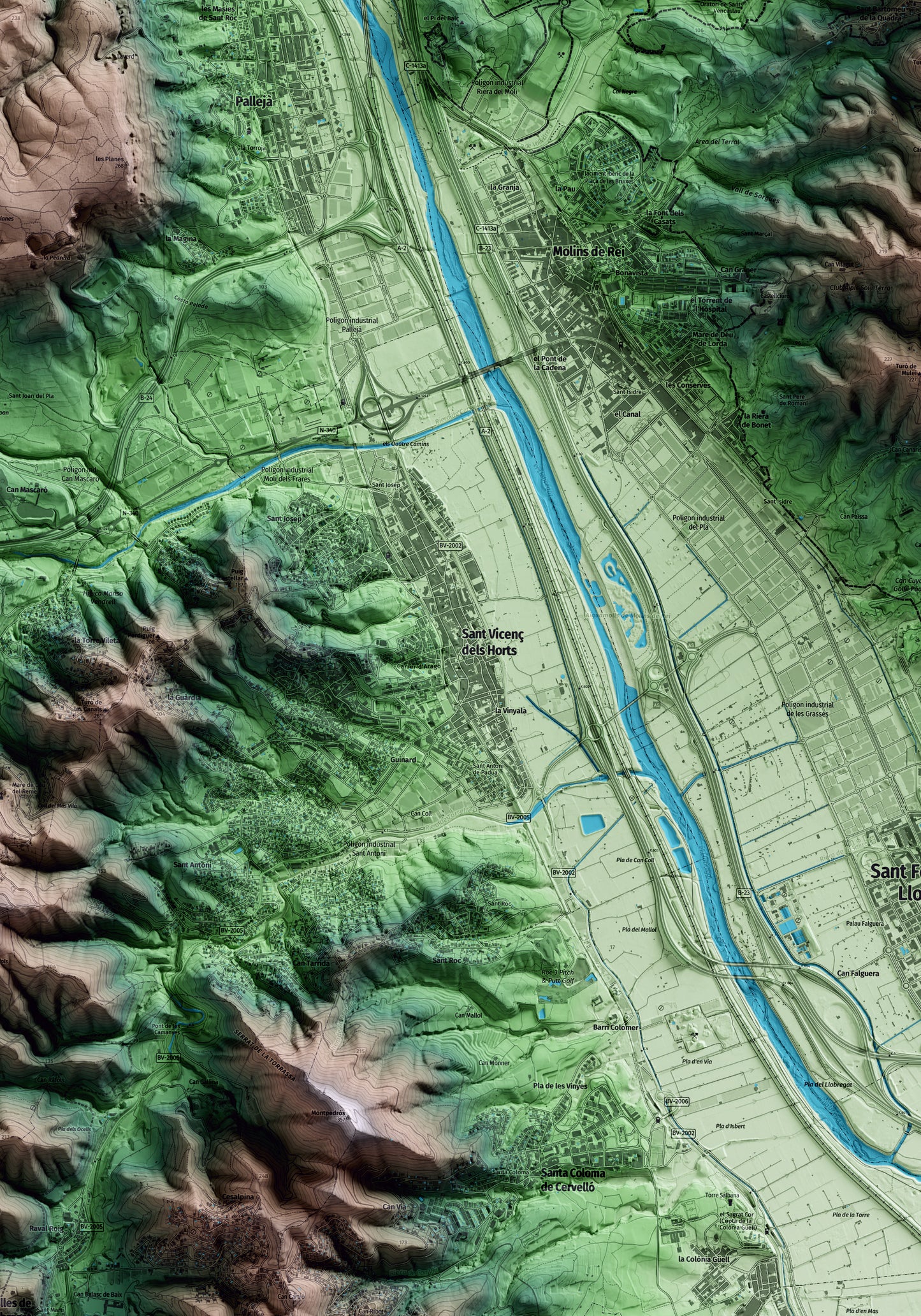 Mapa artístico del relieve de Sant Vicenç dels Horts, al Baix Llobregat, con 15 km de entorno y base topográfica ICGC. Detalle de la zona central.