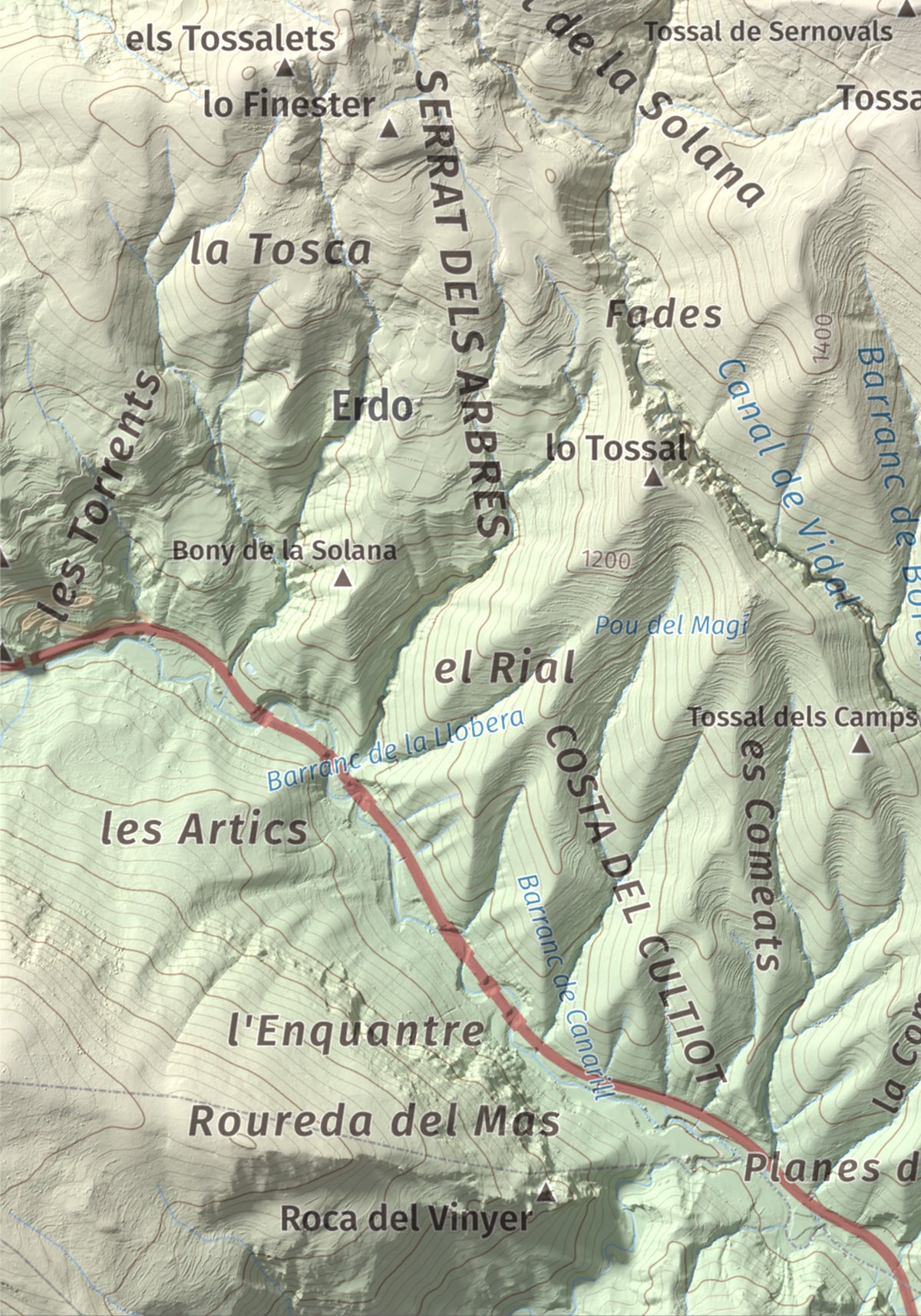 Mapa topográfico del relieve: Santa Bàrbara (Vall Fosca), 1613 m. Detalle de la zona inferior izquierda. 21 × 30 cm.