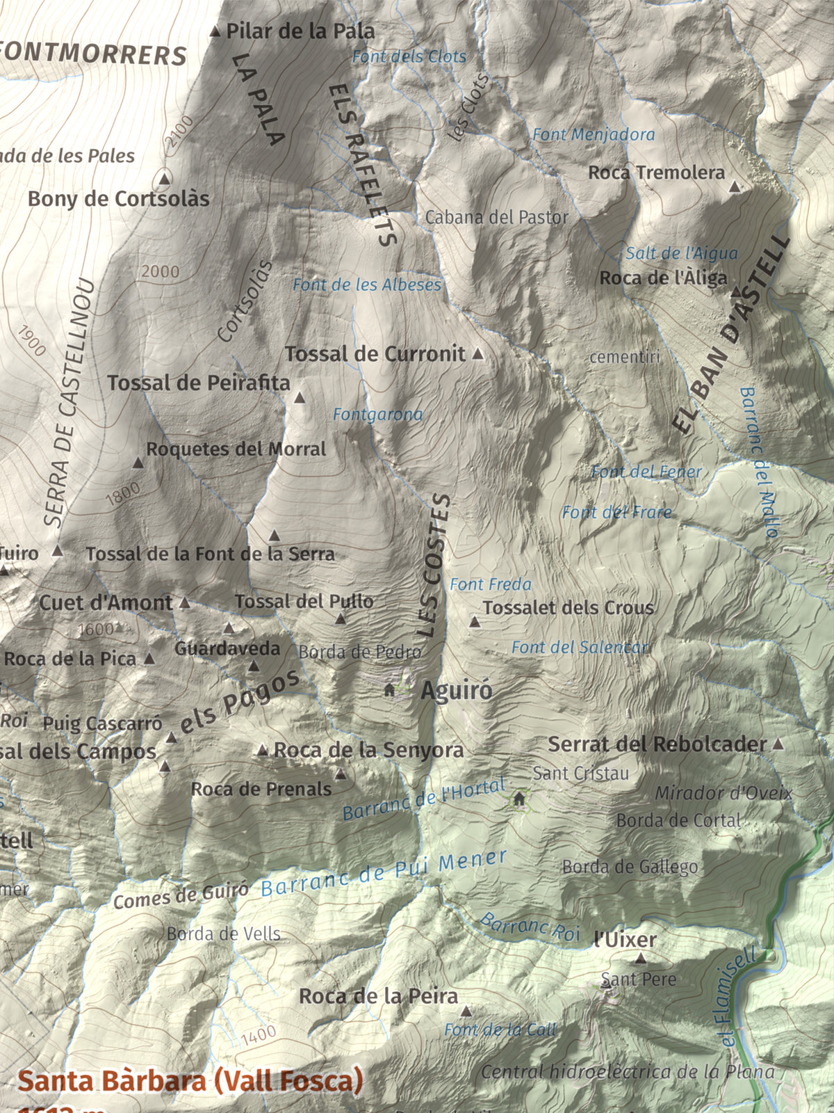 Mapa topográfico del relieve: Santa Bàrbara (Vall Fosca), 1613 m. Detalle de la zona superior derecha. 30 × 40 cm.