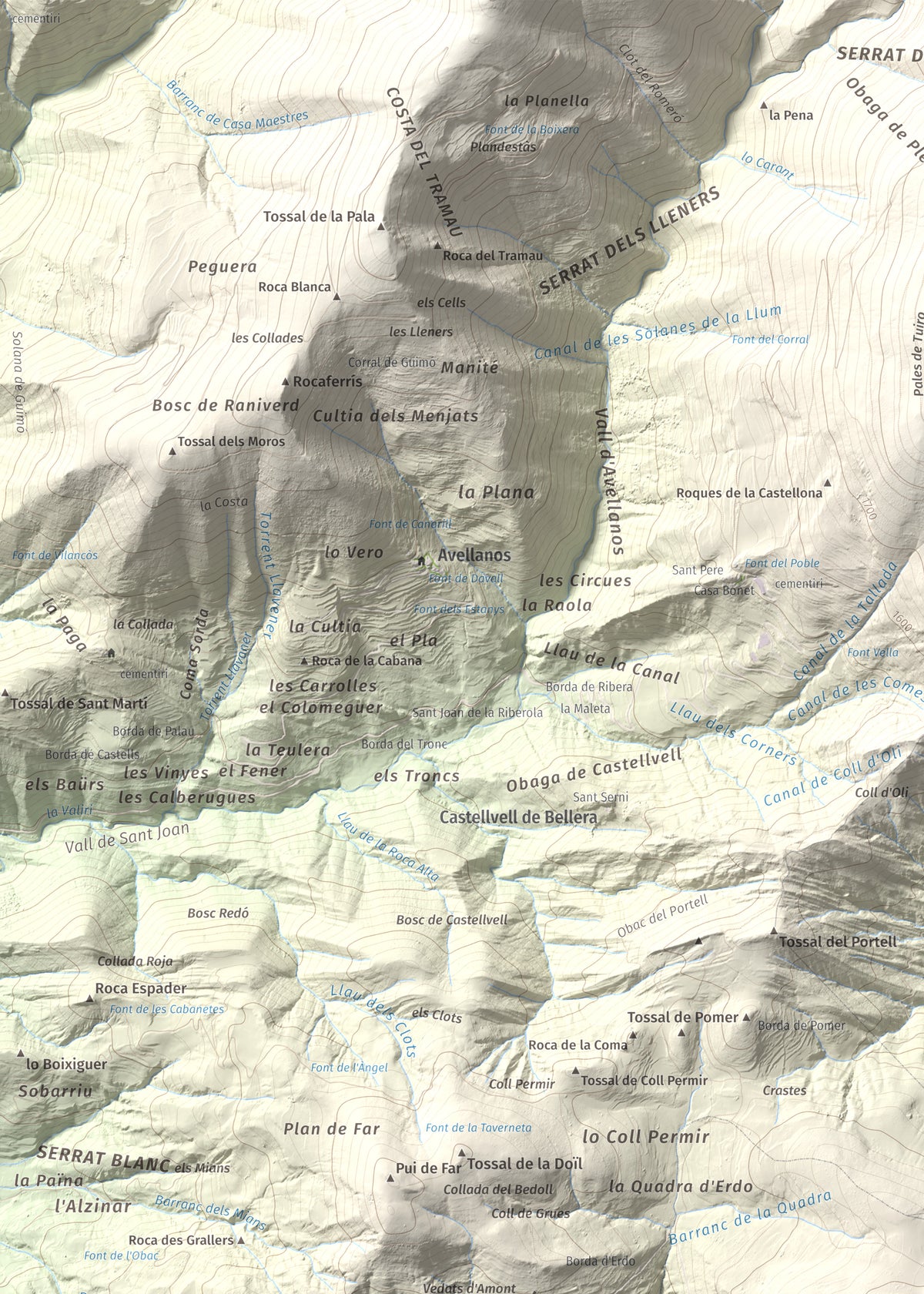 Mapa topográfico del relieve: Santa Bàrbara (Vall Fosca), 1613 m. Detalle de la zona superior izquierda. 50 × 70 cm.