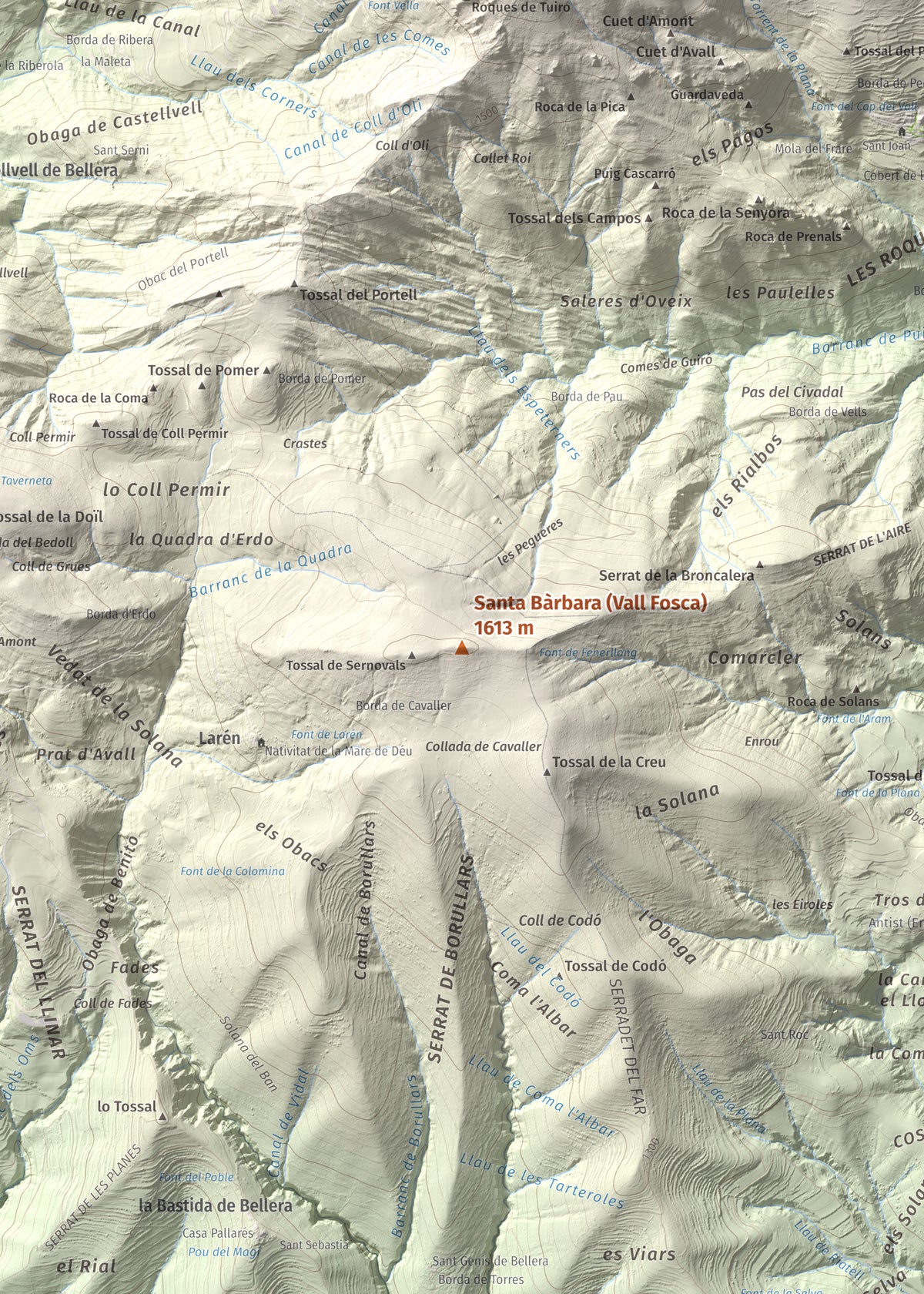 Mapa topográfico del relieve: Santa Bàrbara (Vall Fosca), 1613 m. Detalle de la zona central. 50 × 70 cm.