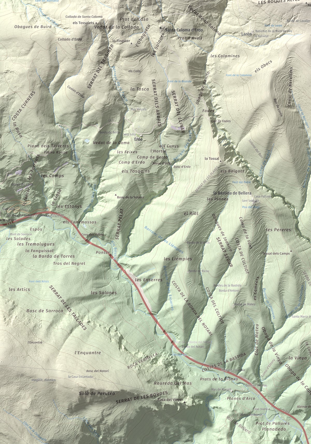 Mapa topográfico del relieve: Santa Bàrbara (Vall Fosca), 1613 m. Detalle de la zona inferior izquierda. 70 × 100 cm.